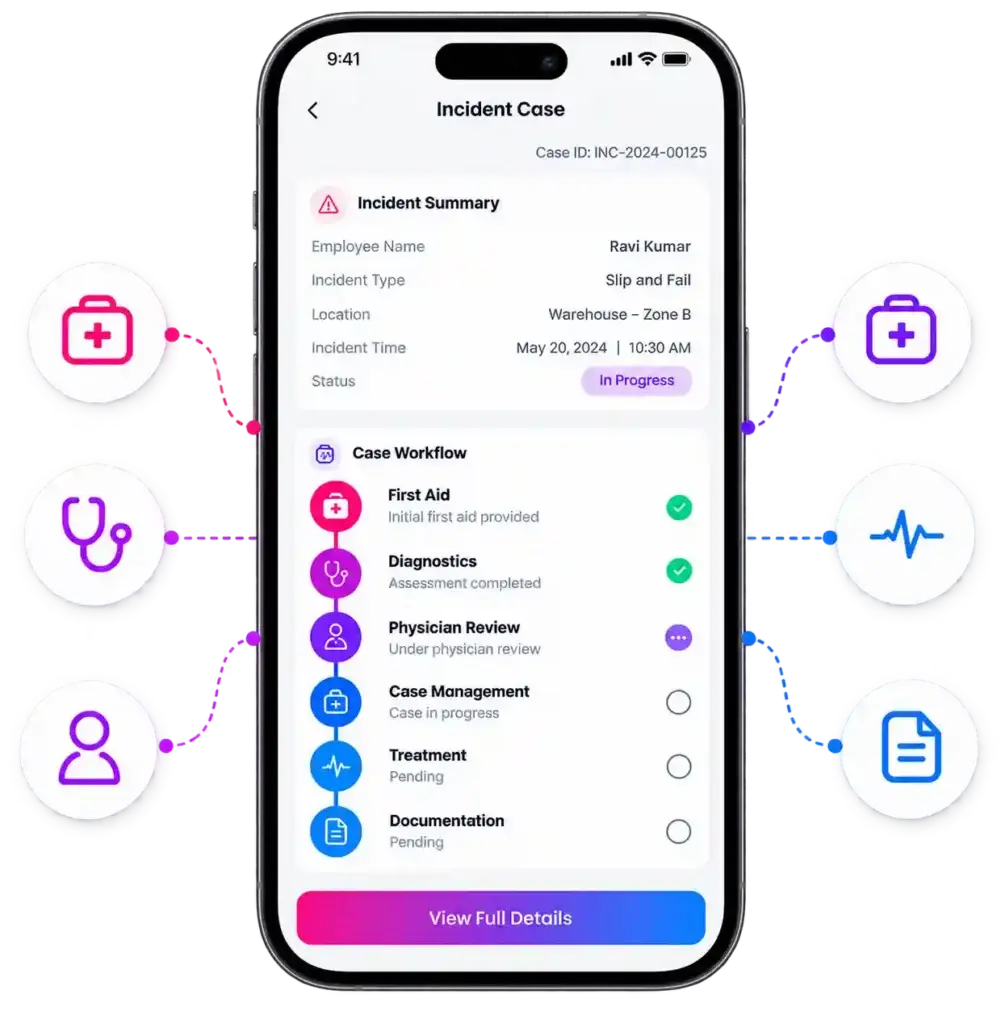 Mobile incident management workflow showing first aid, diagnostics and case management