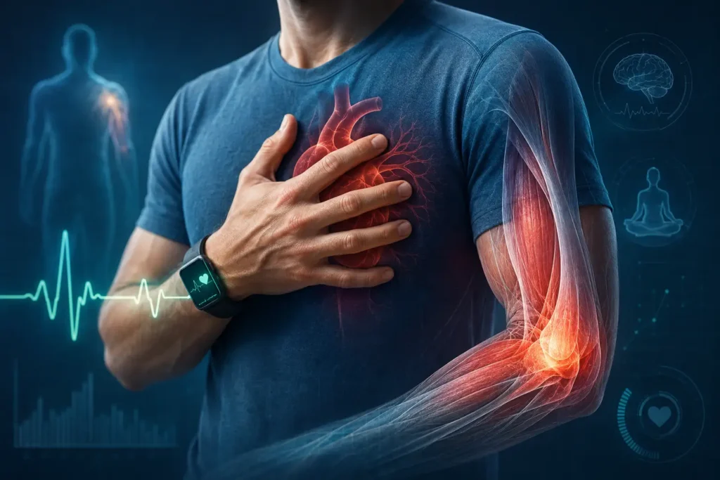 Wearable health monitoring showing heart and muscle health data